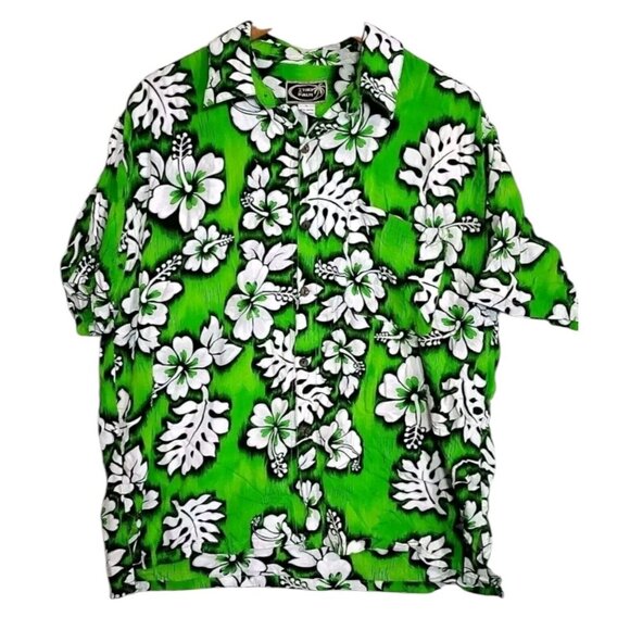 Tiki Palm Hawaiian Shirt Men's Size XL Floral Print Neon Green/White 100% Rayon - Picture 1 of 9